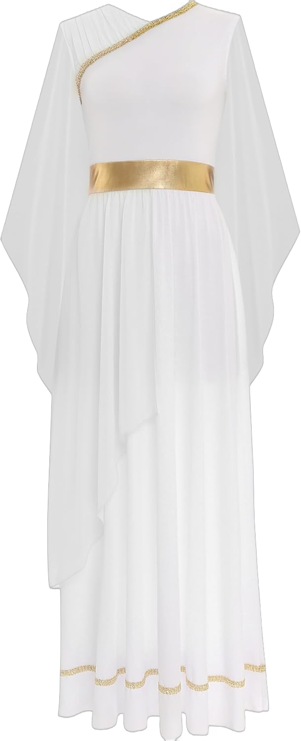 Vxuxlje Women's Greek Toga Costume Cap Sleeve Long Dress Roman Empress Cosplay Dress Up Gowns White Small