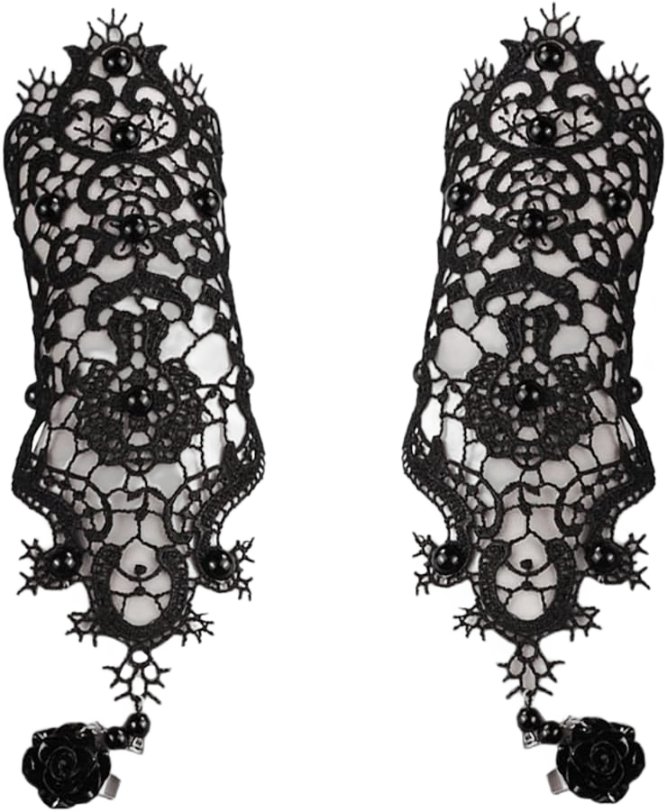 Black Lace Fingerless Gloves Women Gothic Floral Lace Steampunk Wristband Ring Imitation Pearl Handmade Lace Up Gloves Bridal Bracelet Ring Set - 1 Pair - S Size