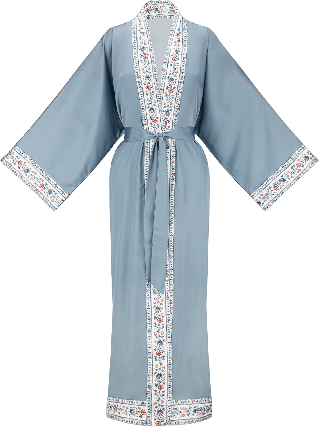 Women's Kimono Robe, Lightweight Long Soft Satin Robes, Light Bathrobe Nightgown Pyjamas for Sleepwear and Loungewear One Size Tall Blue-folk Style