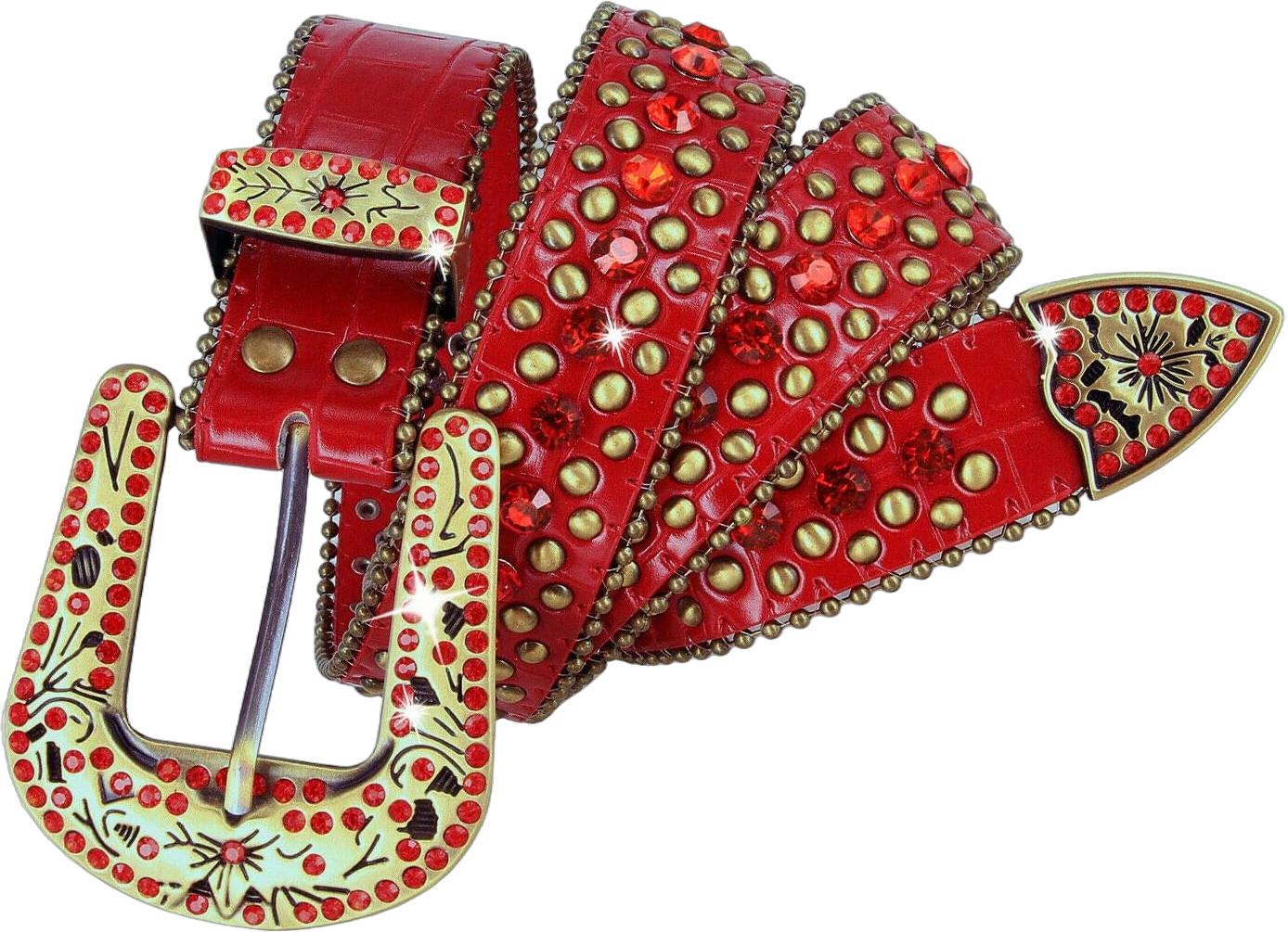 Women's Belts Rhinestone Belt Western Cowgirl Bling Studded Design Leather Belt 1-3/8"(35mm) wide L - 36'' 05 Red