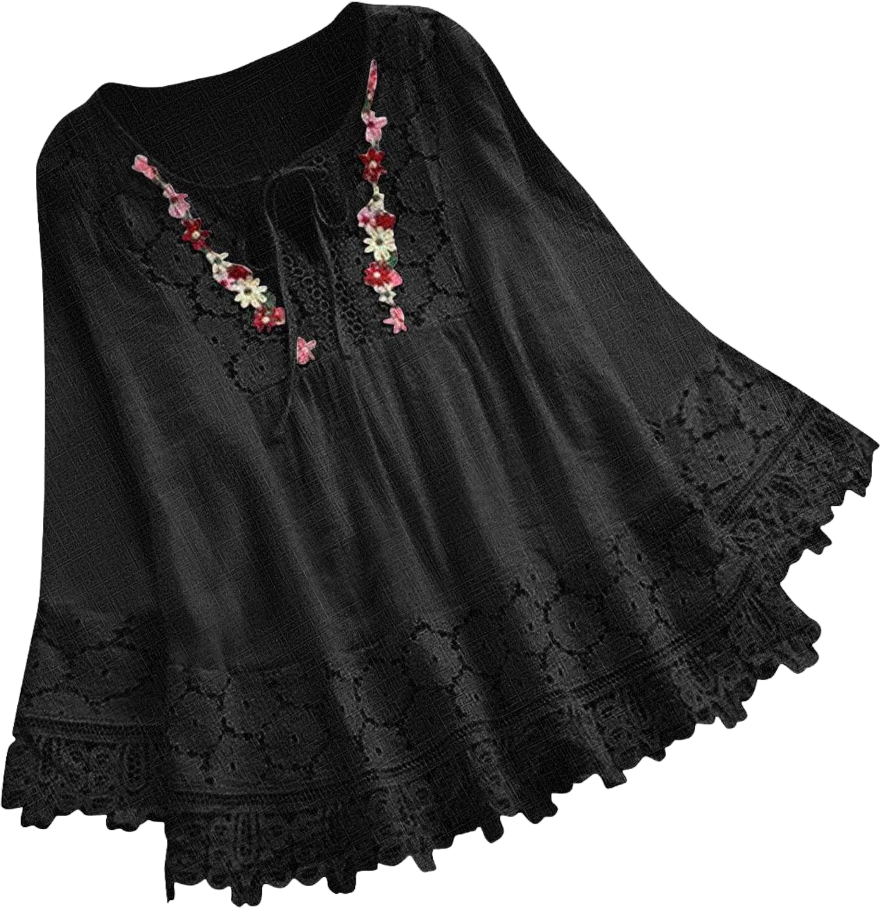 Womens Lace Crochet Tops Dressy Casual Fall Long Sleeve Tie V Neck Boho Floral Embroidered Blouses Loose Flowy Shirts Black Large