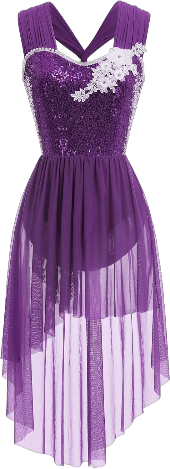 ODASDO Women Adult Lyrical Dance Dress Modern Contemporary Costume Sequins Mesh Tulle High Low Skirt Ballet Dancewear Small Purple Flower