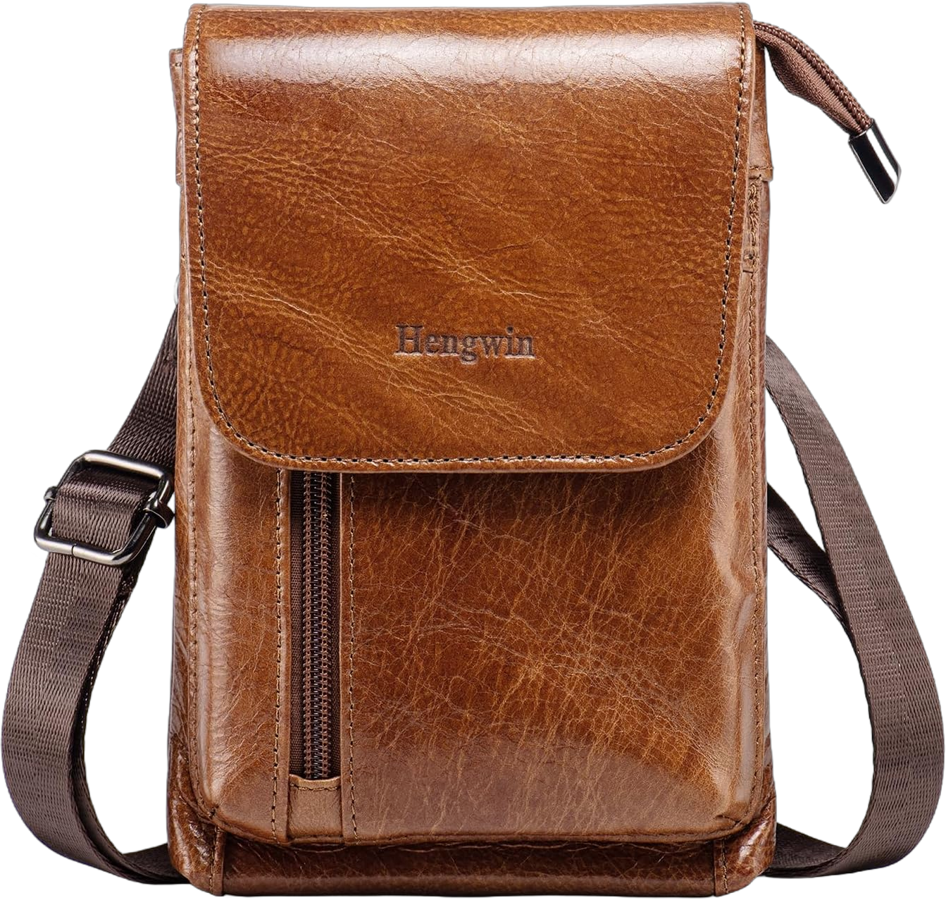 Hengwin Genuine Leather Small Crossbody Bag for Men Women, Cellphone Belt Pouch Bag, Travel Passport Wallet, Shoulder Holster Large Brown