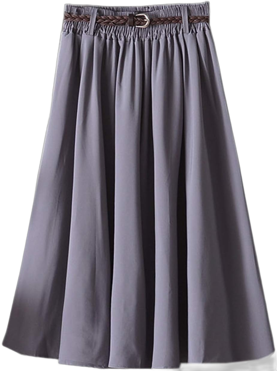 Elonglin Women's Girls High Waist Flared Skirt Pleated Midi A-line Solid Color Waist 25.2-42.5“(Asie 64-108cm) Grey (With Belt)