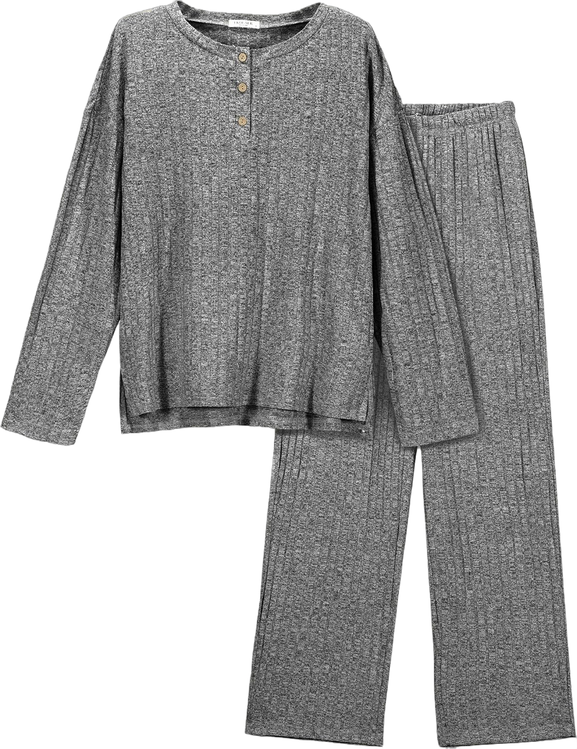 Ekouaer Womens Ribbed Knit Lounge Set Long Sleeve Henley Neck Top and Long Pants Two Piece Soft Sleepwear Matching Outfits Dark Gray Medium