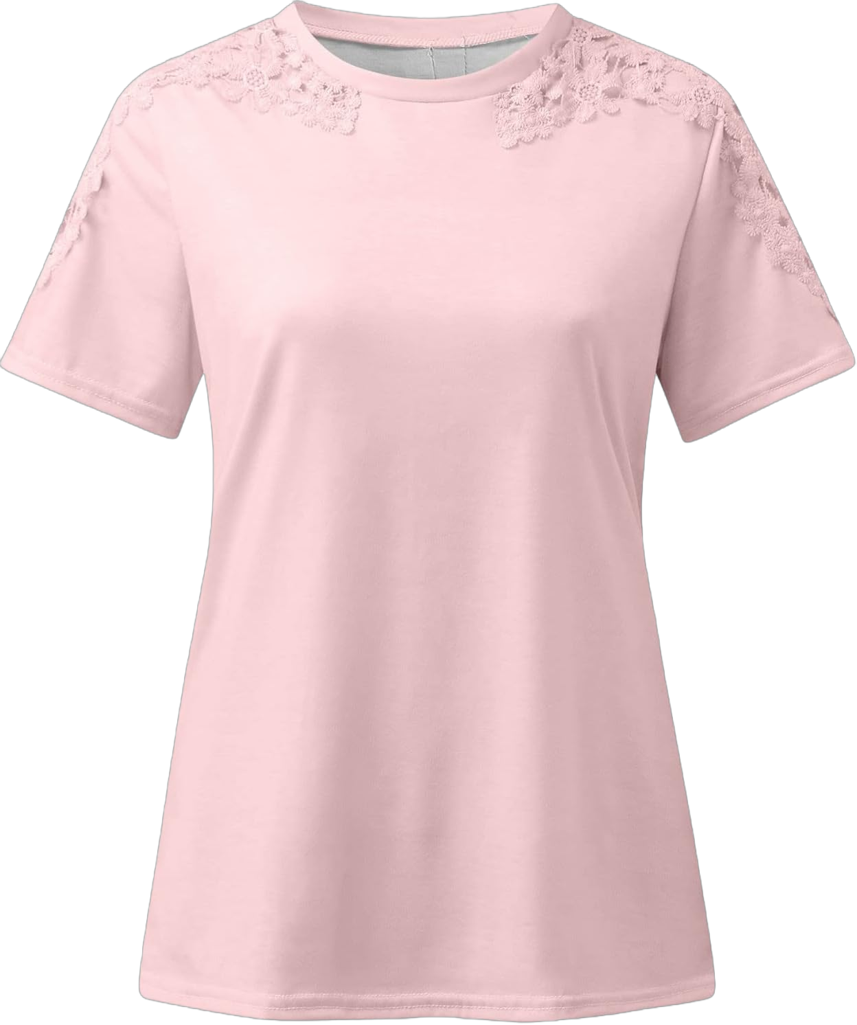 Women Lace Short Sleeve T-Shirt Summer Casual Blouse Dressy Crewneck Tops Plain Trendy Elegant Tee Shirts Tunics Pink X-Large